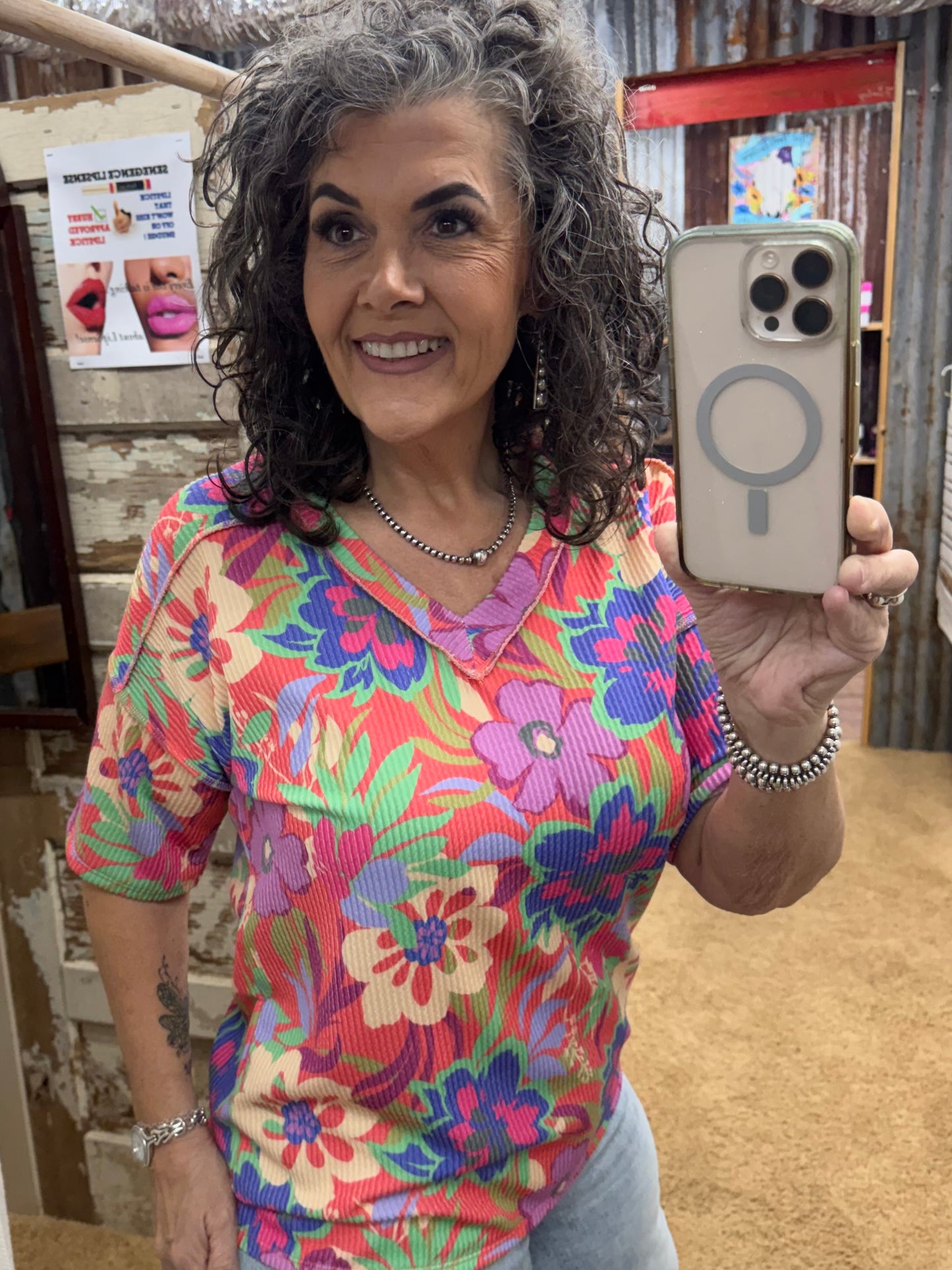 Floral V-Neck Top with Shoulder Detail