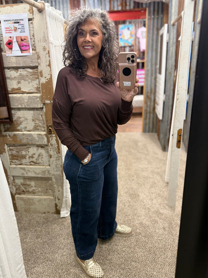 UMGEE Brown Double Lined Bubble Hem Long Sleeve Top