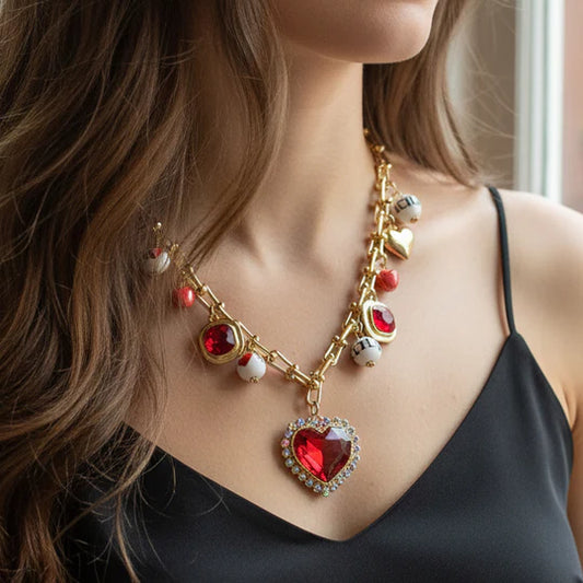 Red & Gold Heart Charm Necklace & Bracelet Set