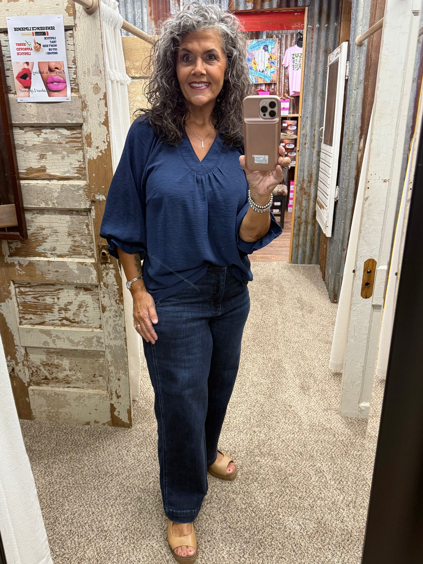 UMGEE Navy Collared Split V Neck Top
