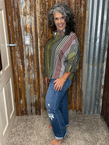 Entro Olive Stripe & Polka Dot Top