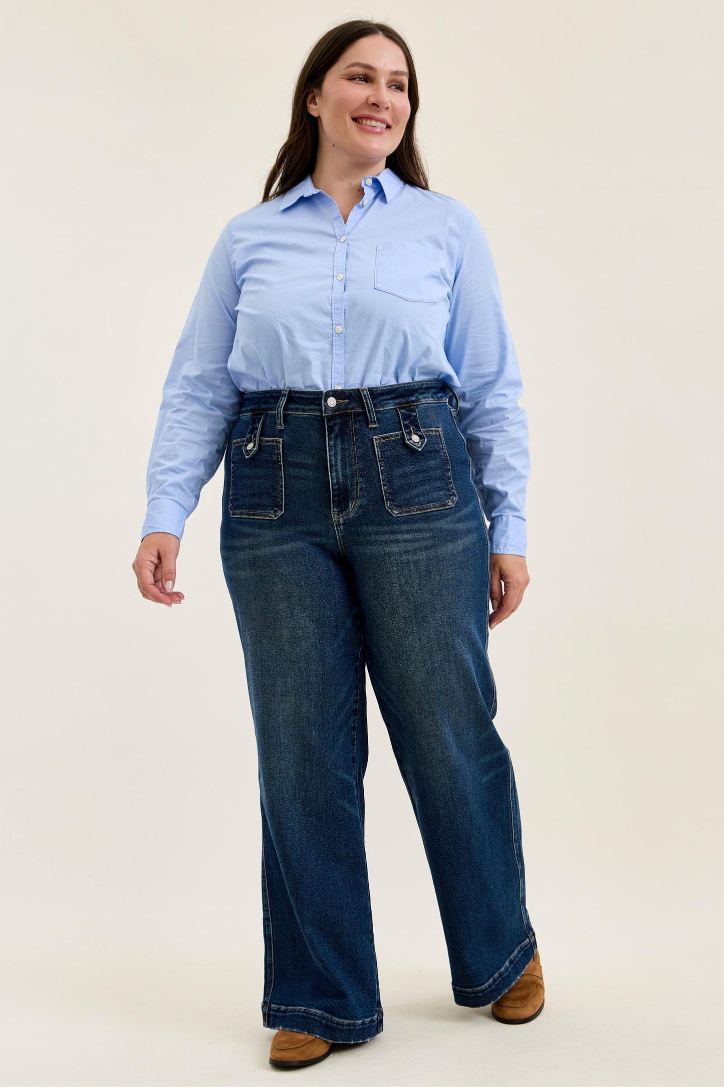 Judy Blue HW LUX Retro Wide w/ Front Patch Tab Closure DK Retro Fade Indigo Jeans 881159