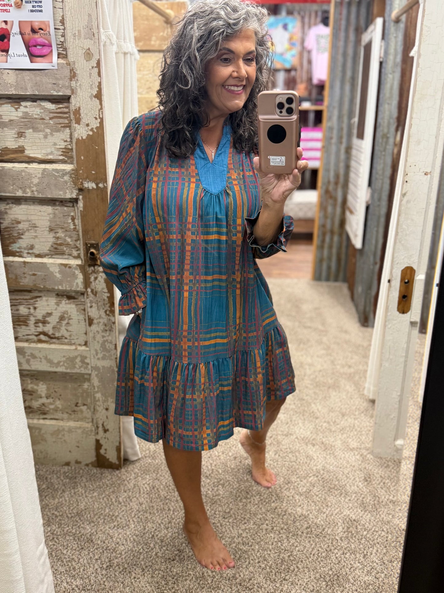 Umgee Teal Plaid Ruffled Mini Dress