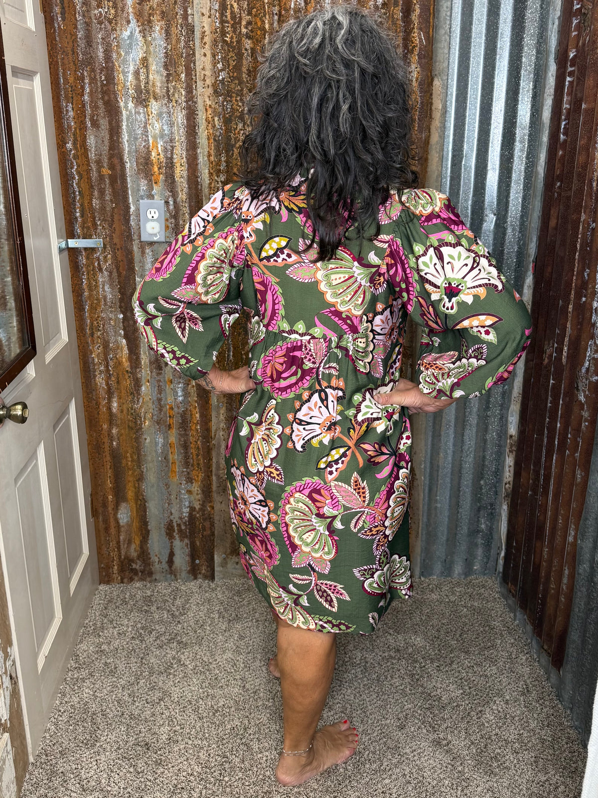 UMGEE Olive Abstract Print Puff Sleeve Babydoll Dress