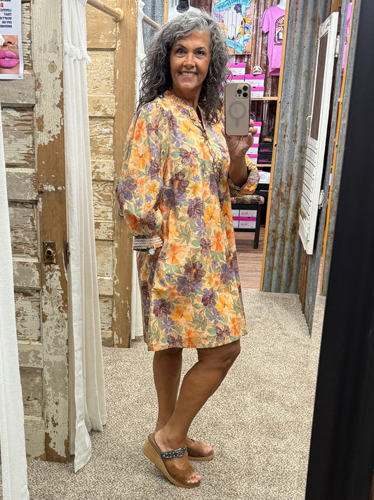 UMGEE Brown Mix Floral Print Smocked Cuff Mini Dress