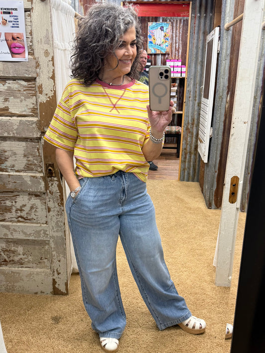 Striped Short Sleeve Relaxed Fit Knit Top: YELLOW COMBO