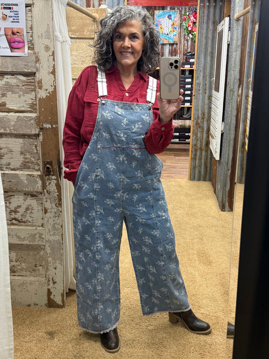 FLORAL PRINTED WASHED OVERALLS