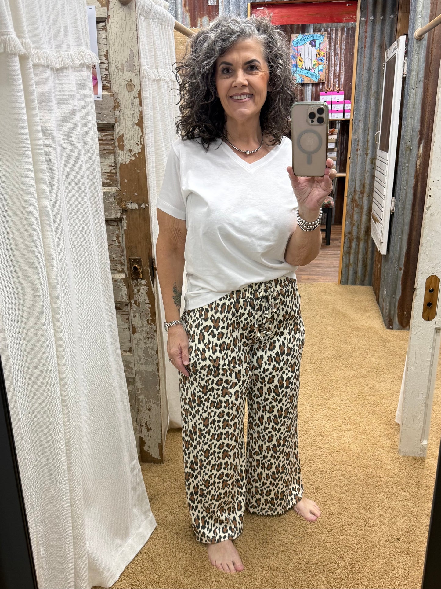Leopard Print Rib Fabric Wide Leg Drawstring Pants: CREAM COMBO