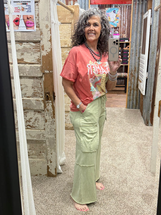 EASEL FADED OLIVE WASHED WIDE LEGS TERRY CARGO PANTS