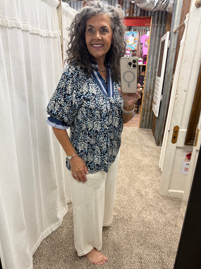 UMGEE Navy Mix Spring Burst Print V-Neck Top