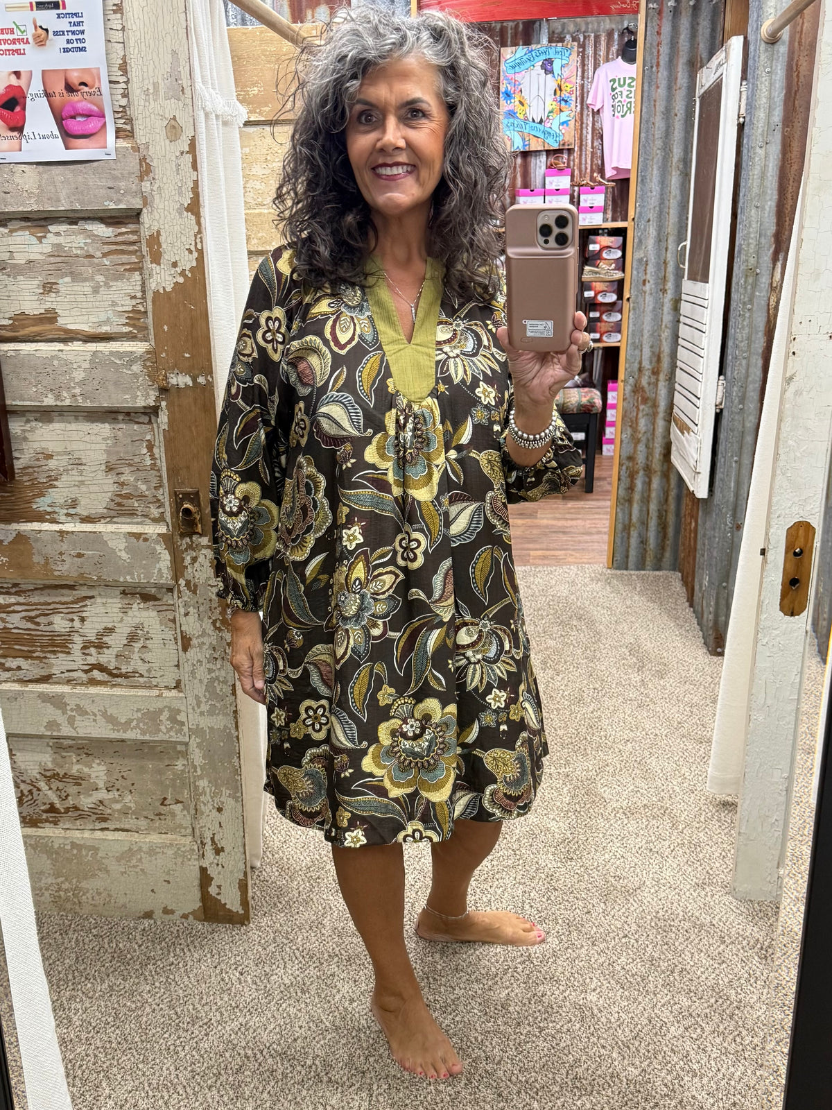 UMGEE Brown Floral Paisley Split Neck Mini Dress
