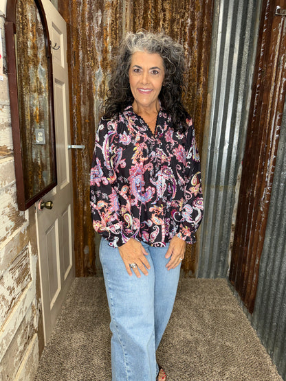 UMGEE Black Paisley Smocked Collared V-Neck Blouse
