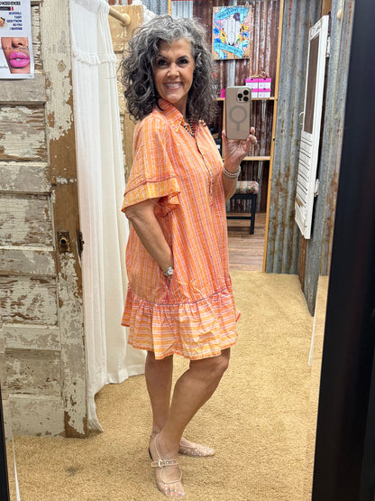 STRIPED RUFFLE BOTTOM WASHED COTTON DRESS