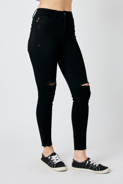 Judy Blue H/W Black Destroy Knee Raw Hem Skinny 88562