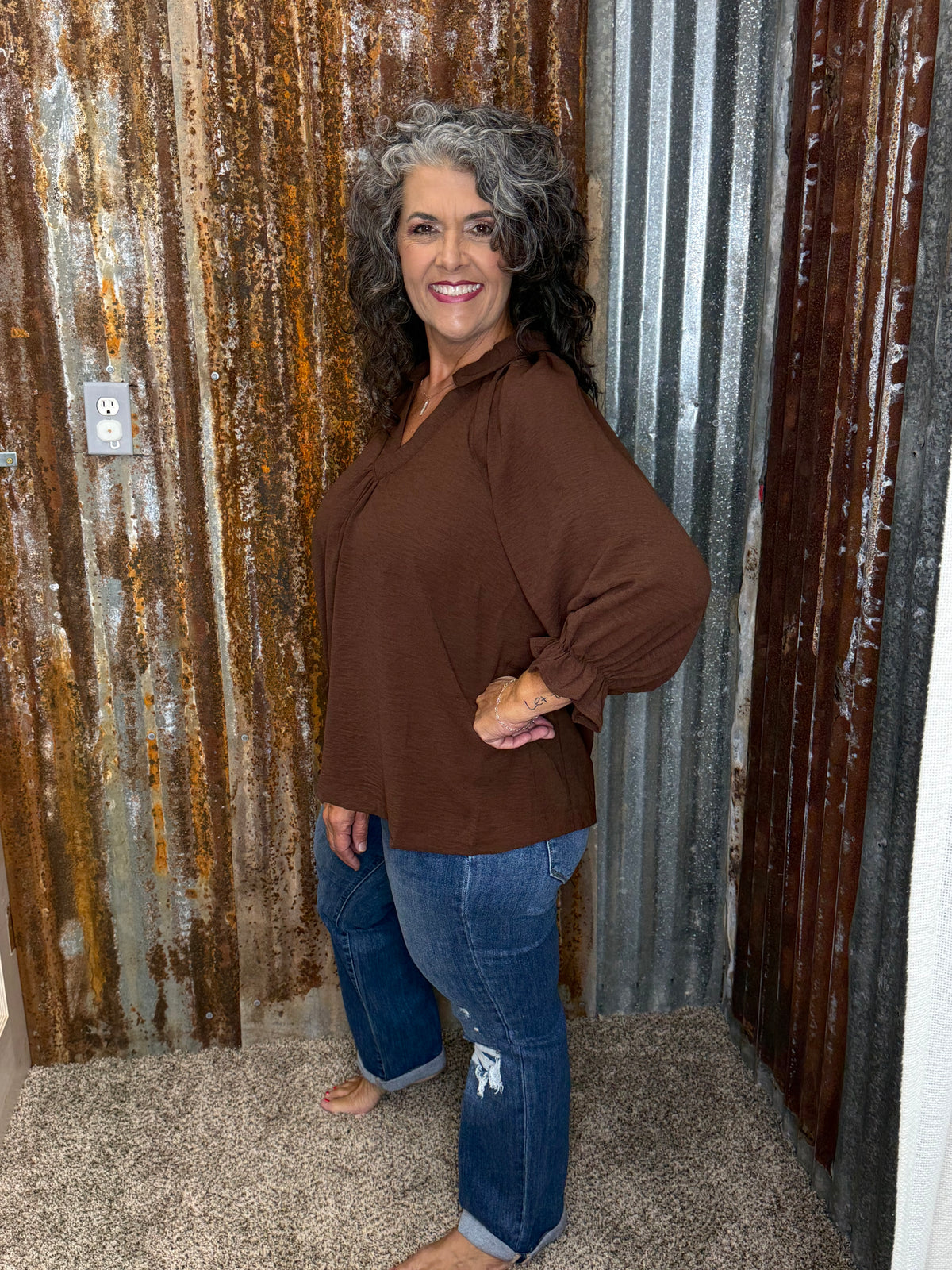 UMGEE Chocolate Collared Split V Neck Top