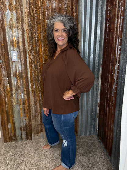UMGEE Chocolate Collared Split V Neck Top