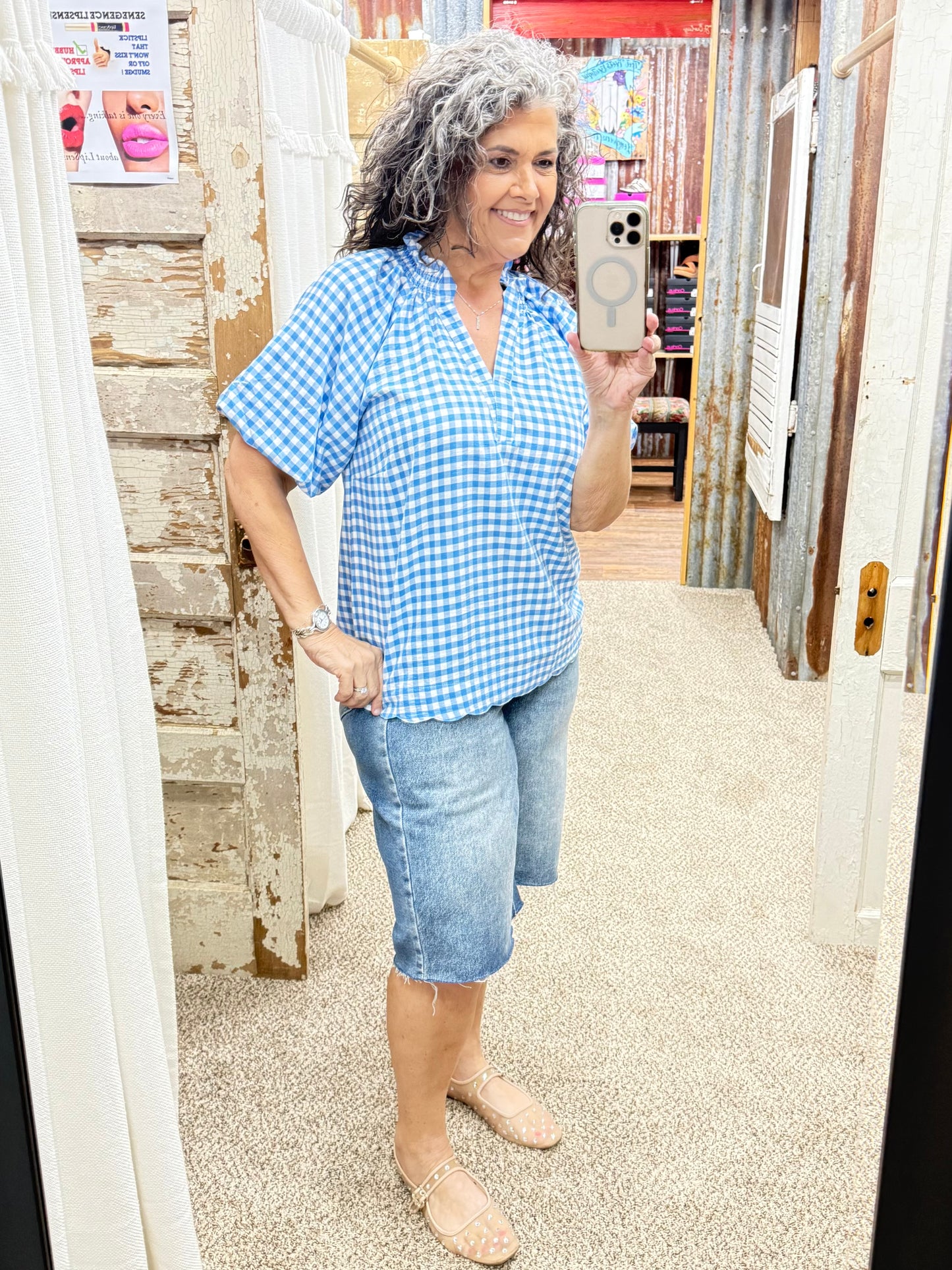 UMGEE Blue Gingham Bubble Sleeve V-Neck Top w/ Scallop Hem
