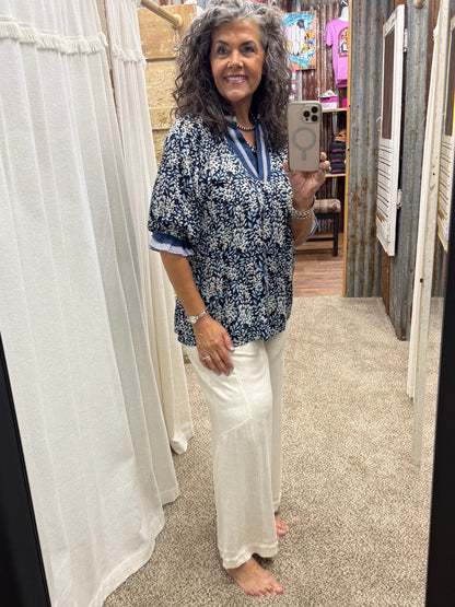 UMGEE Oatmeal Linen Elastic Waist Wide Leg Pants