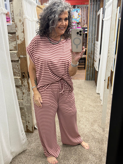 Striped Rib Top and Pants Lounge Set: DUSTY ROSE/BROWN