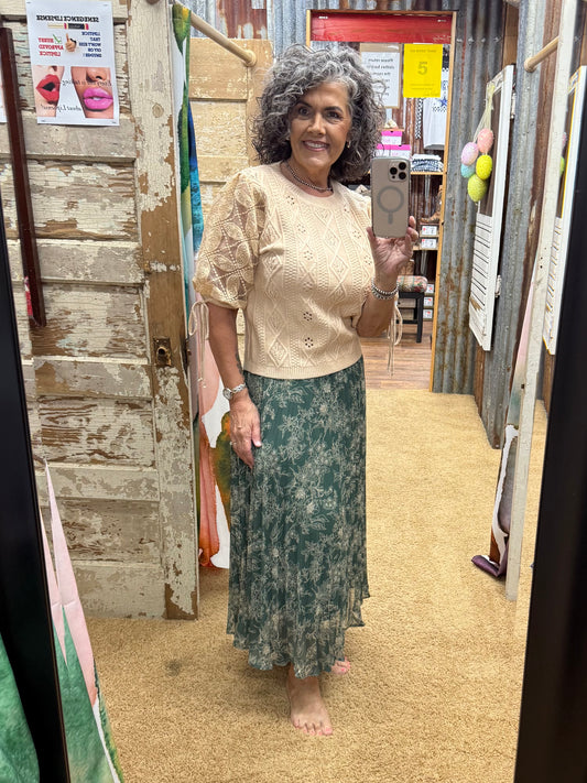 Floral Print Hunter Green Pleated Skirt