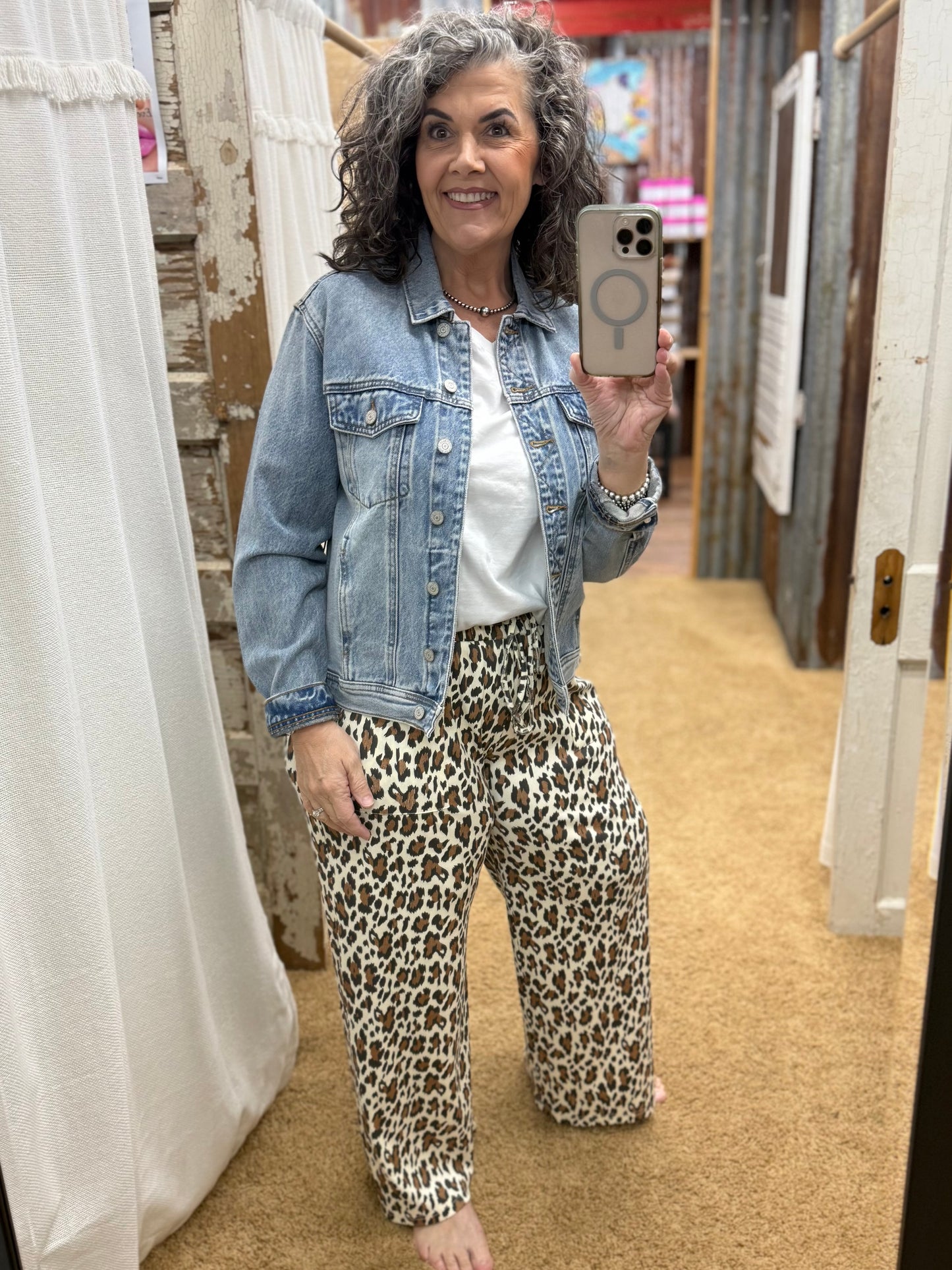 Leopard Print Rib Fabric Wide Leg Drawstring Pants: CREAM COMBO