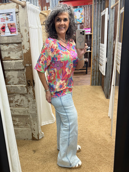 Floral V-Neck Top with Shoulder Detail