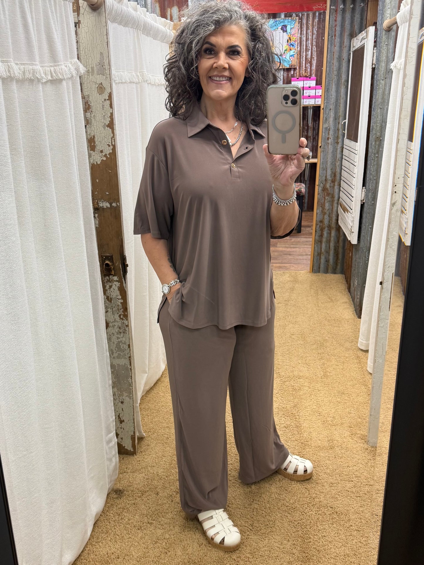 2-Piece Blouse + Relaxed Pants Resort Wear Mocha Set