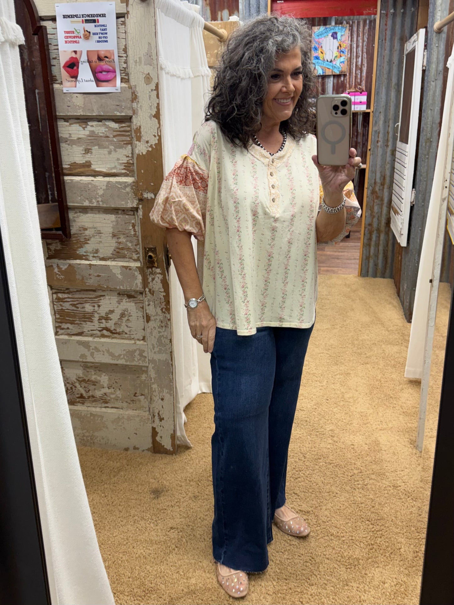 MIX N MATCH PRINT WASHED HENLEY TOP