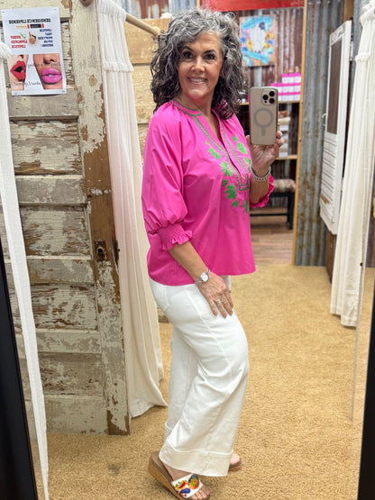 Hot Pink Blouse with Green Ric Rac