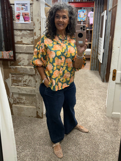 BOTANICAL FLORAL PRINTED DRAMATIC VOLUMINOUS SLEEVES BLOUSE: FOREST GREEN/CORAL / S