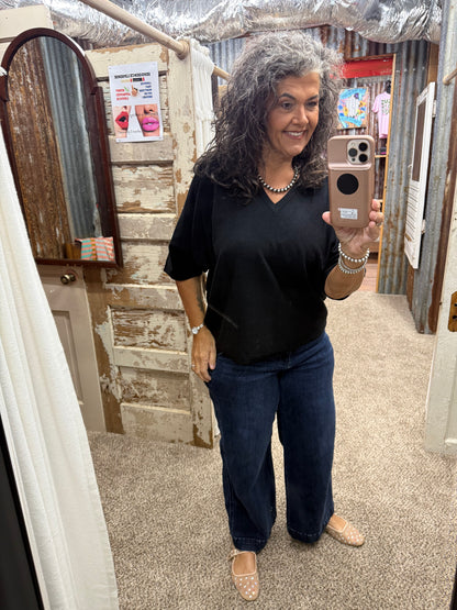 Jodifl Black Drop shoulder v neck lightweight comfy sweater top.