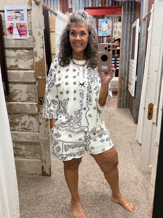 Bandana Printed French Terry Henley Top & Shorts Set