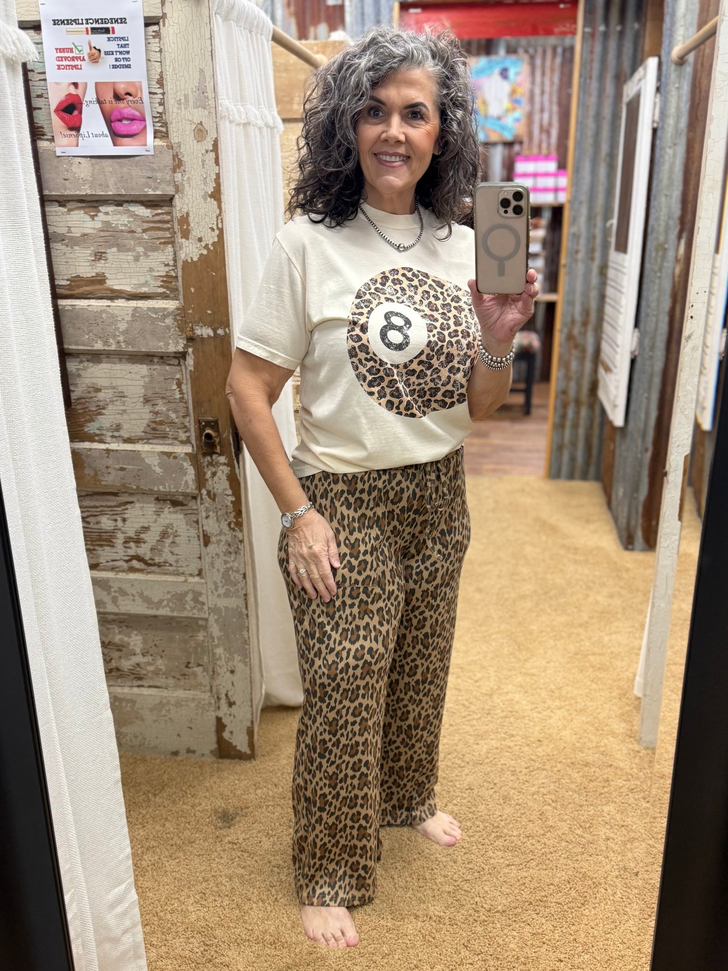 Brown Leopard Print Rib Fabric Wide Leg Drawstring Pants: Brown Combo