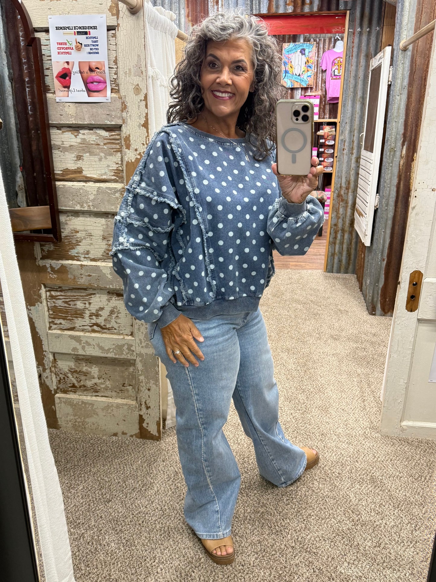 POLKA DOT PRINTED WASHED DENIM FRAYED EDGE DETAIL TOP