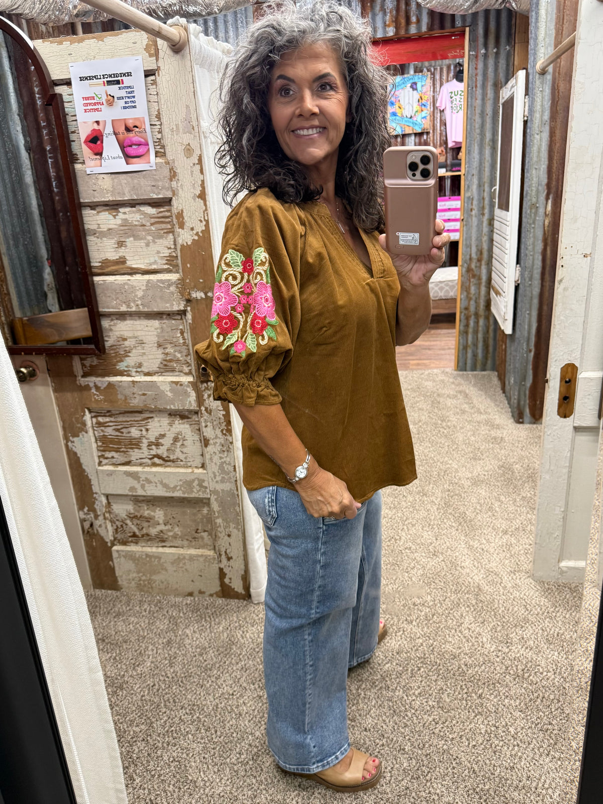UMGEE Camel Embroidered Sleeve Corduroy Blouse