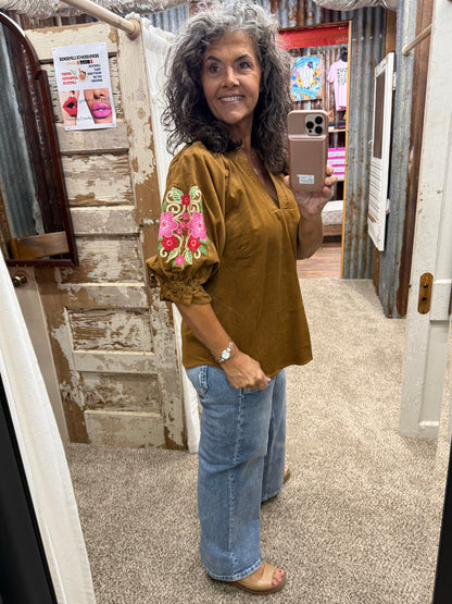 UMGEE Camel Embroidered Sleeve Corduroy Blouse