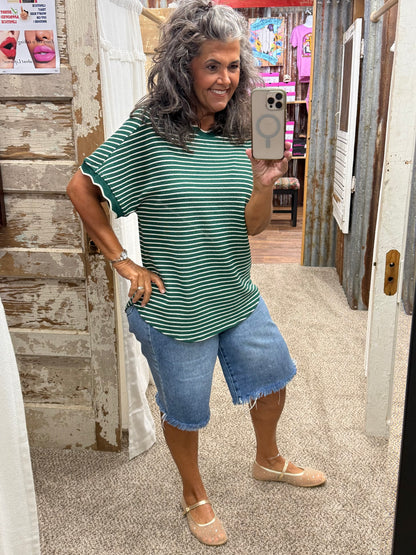 Scallop Trim Stripe Knit Top: GREEN STRIPE