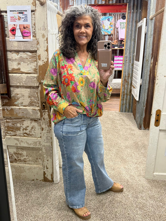 UMGEE Mocha Mix Floral Print Surplice Long Sleeve Blouse