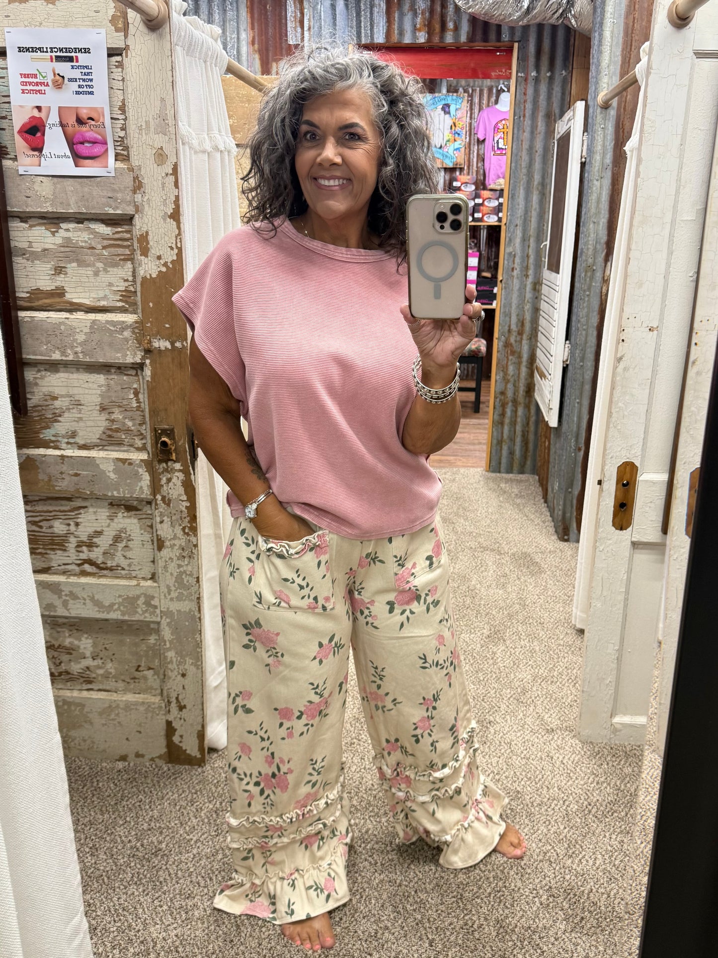 WASHED FLOWER PRINTED TWILL RUFFLED DETAIL WIDE PANTS