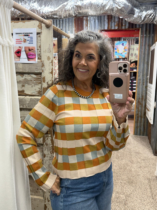 AnnieWear Rust Multi Color Check Wide Sleeve Sweater