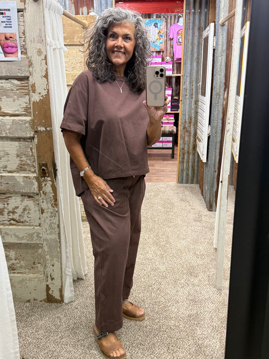 BROWN RELAXED FIT TOP AND WIDE LEG CROPPED PANTS SET