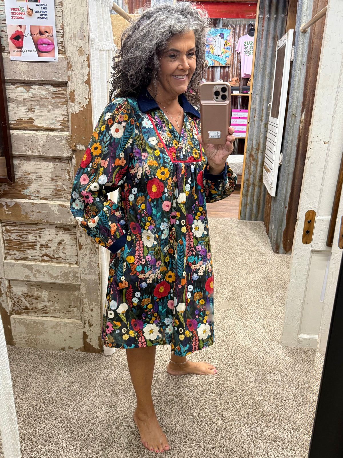 UMGEE Midnight Floral Print Smocked Yoke Babydoll Dress