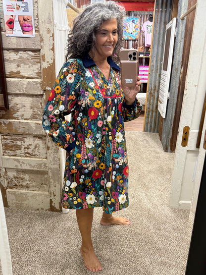 UMGEE Midnight Floral Print Smocked Yoke Babydoll Dress