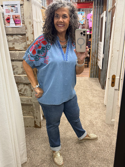 UMGEE Light Denim Embroidered Denim Puff Sleeve Top