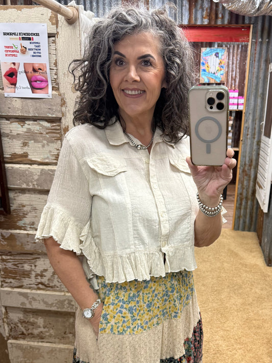 Crop Latte Top/Jacket With Ruffled Hem