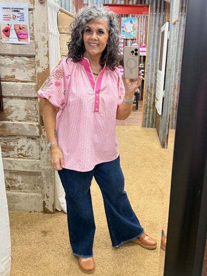 UMGEE Pink Embroidered Stripe Top