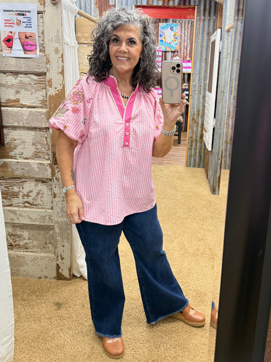 UMGEE Pink Embroidered Stripe Top