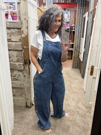 Denim / Leopard Trim Overalls
