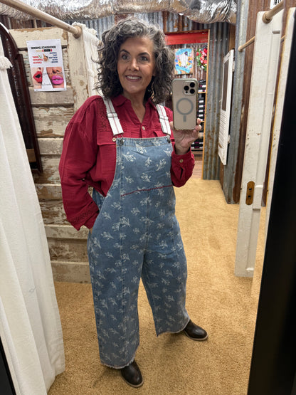 FLORAL PRINTED WASHED OVERALLS