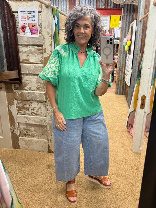 Green Embroidered Puff Sleeve Textured Top